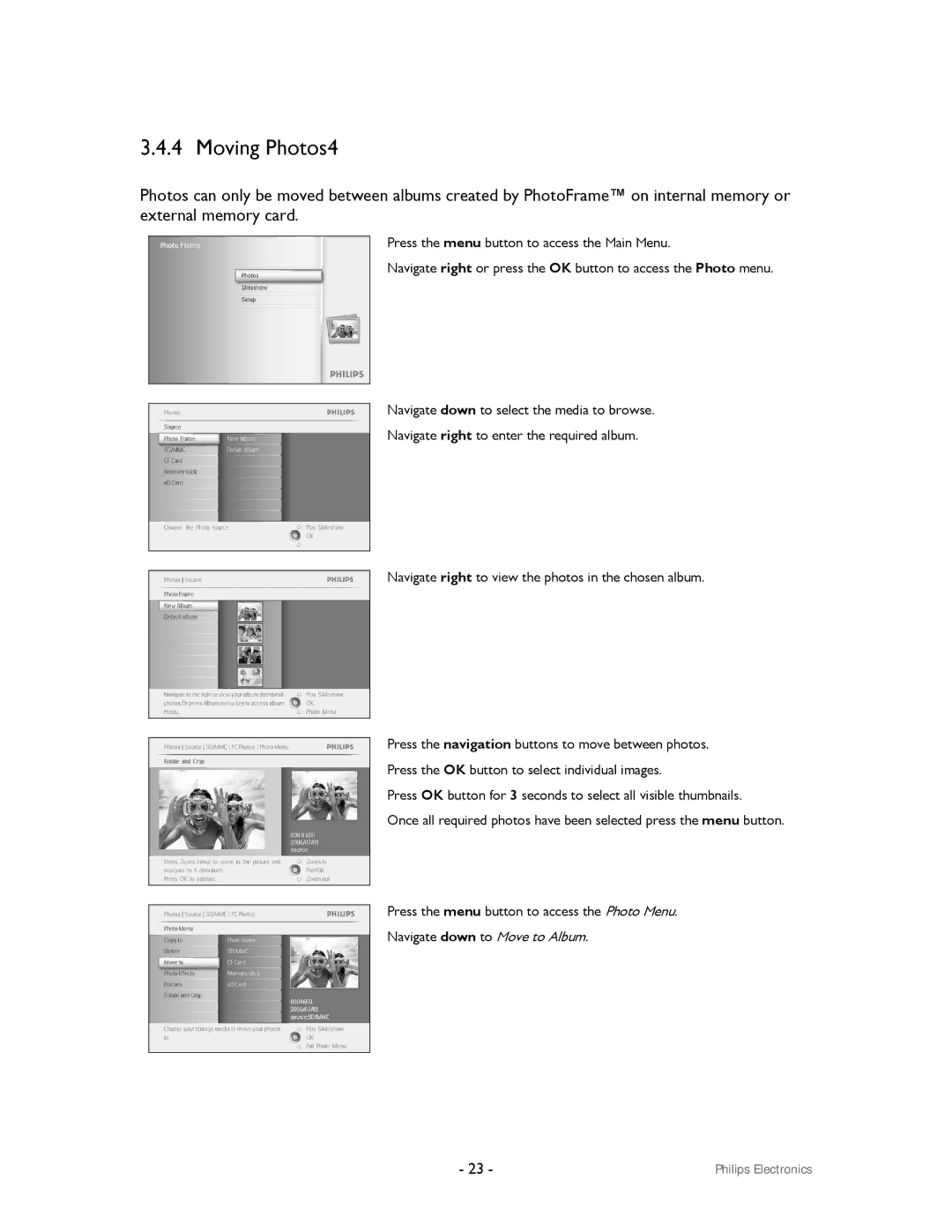 Philips 99F2 user manual Moving Photos4, Navigate down to Move to Album 