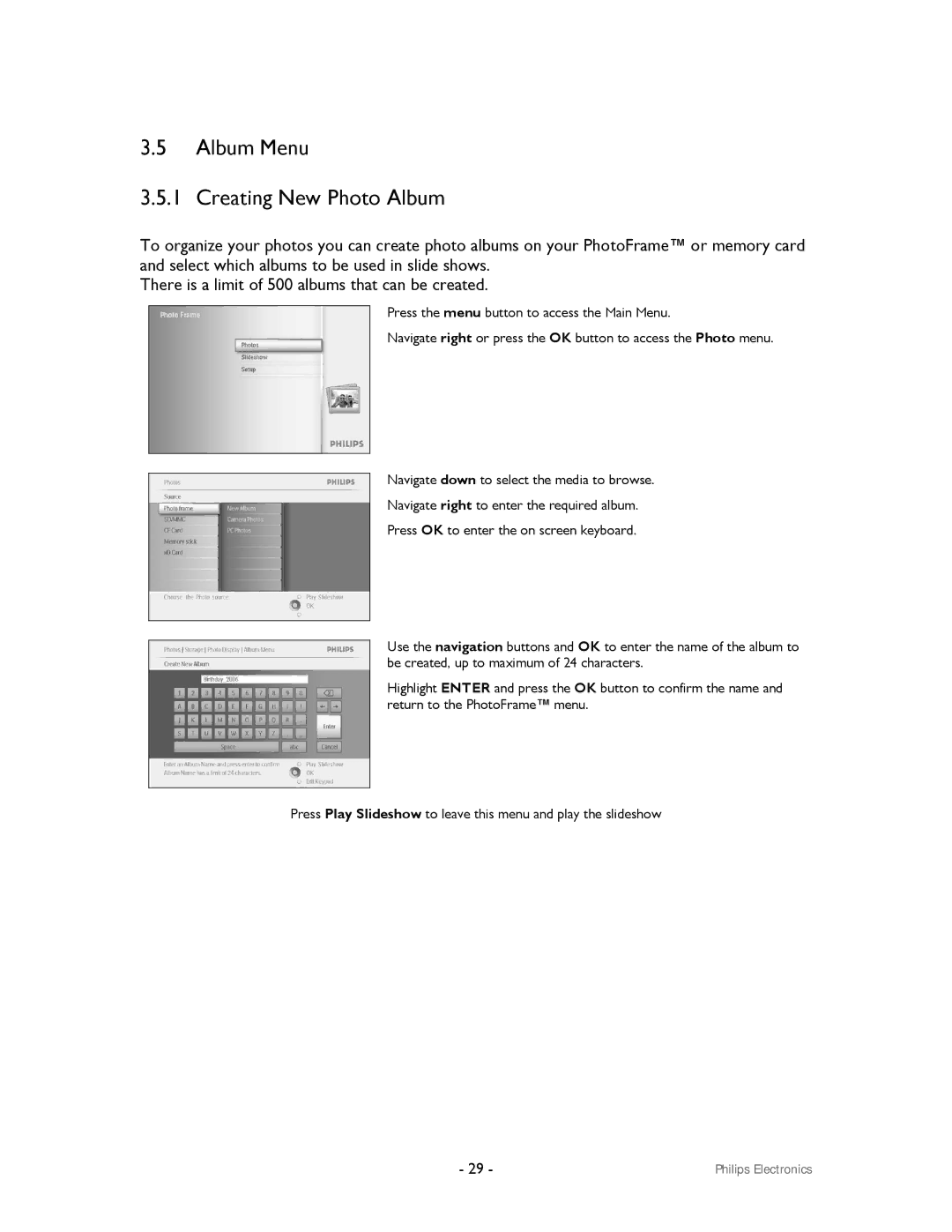 Philips 99F2 user manual Album Menu Creating New Photo Album 