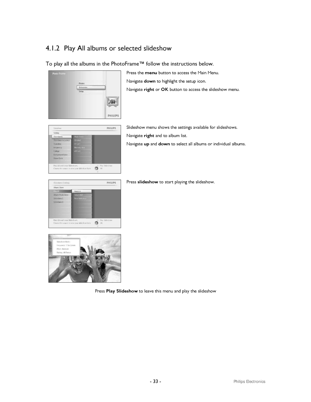 Philips 99F2 user manual Play All albums or selected slideshow 