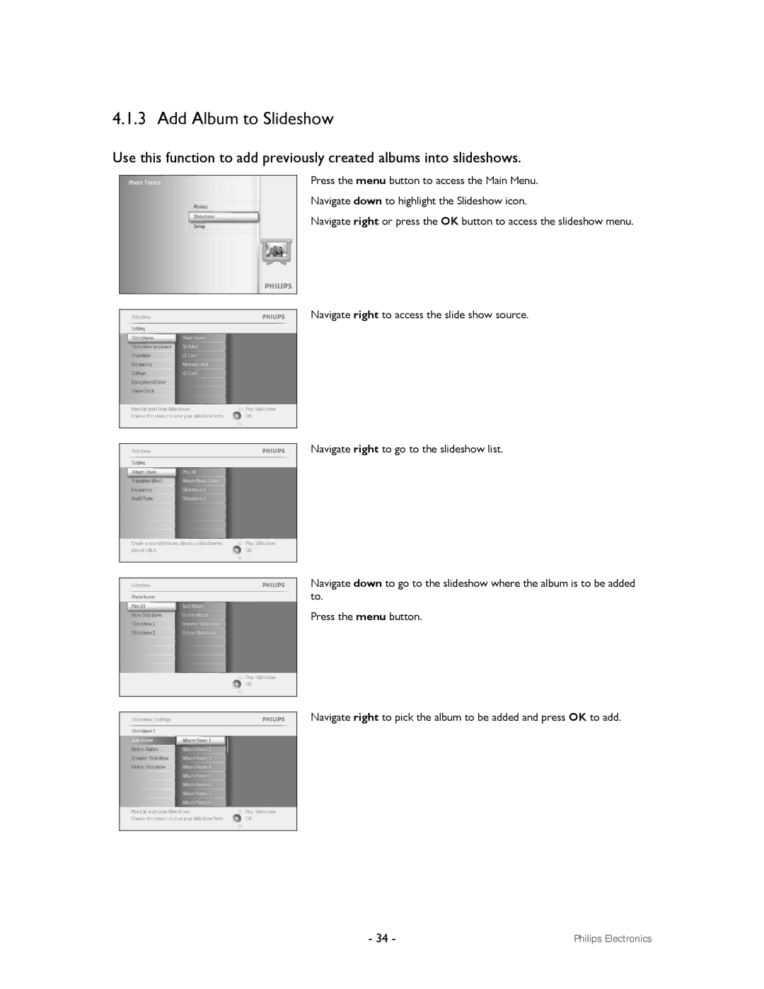 Philips 99F2 user manual Add Album to Slideshow 