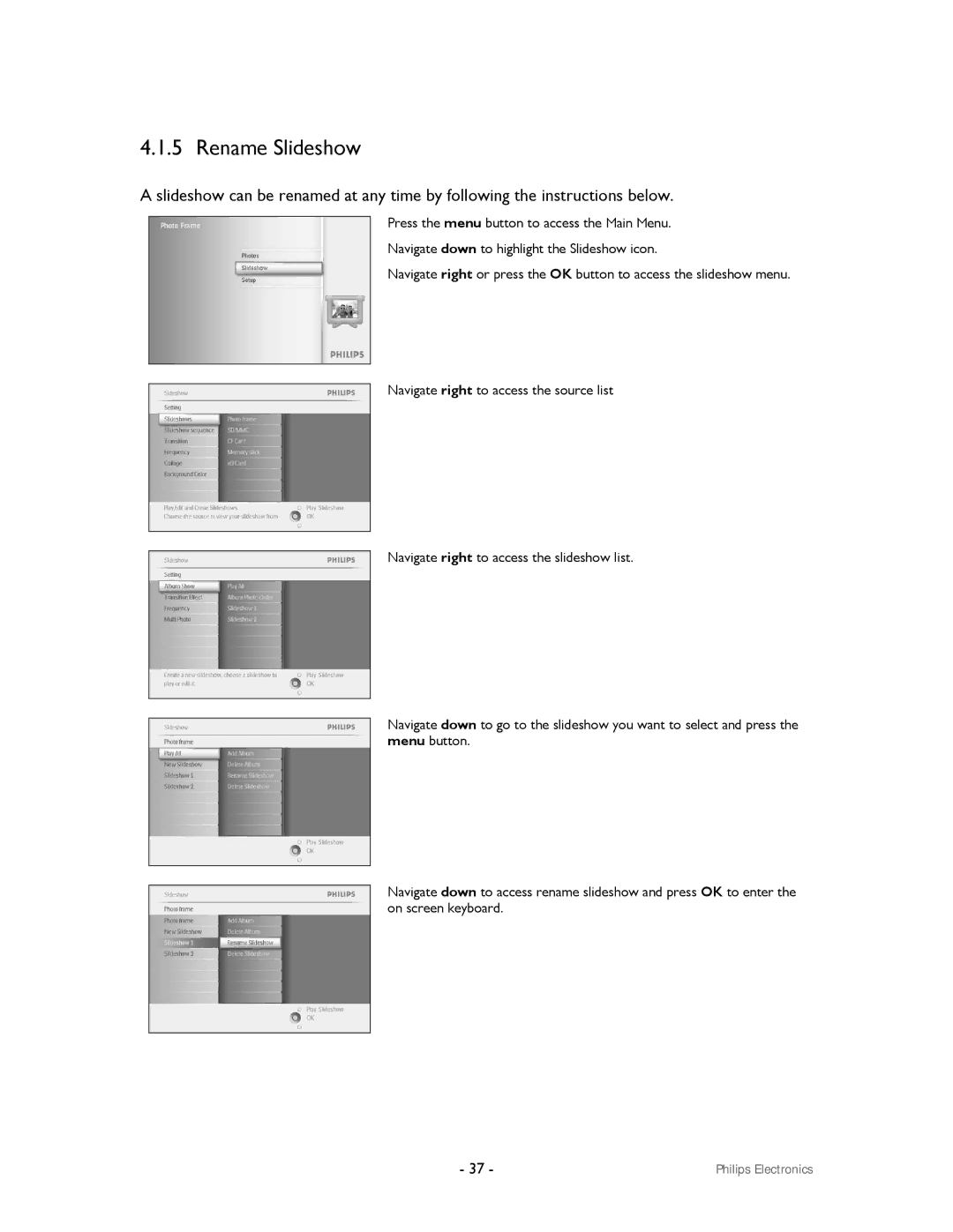 Philips 99F2 user manual Rename Slideshow 