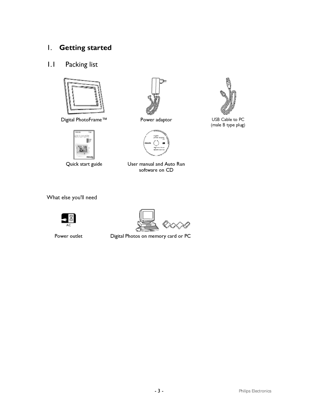 Philips 99F2 user manual Getting started, Packing list 