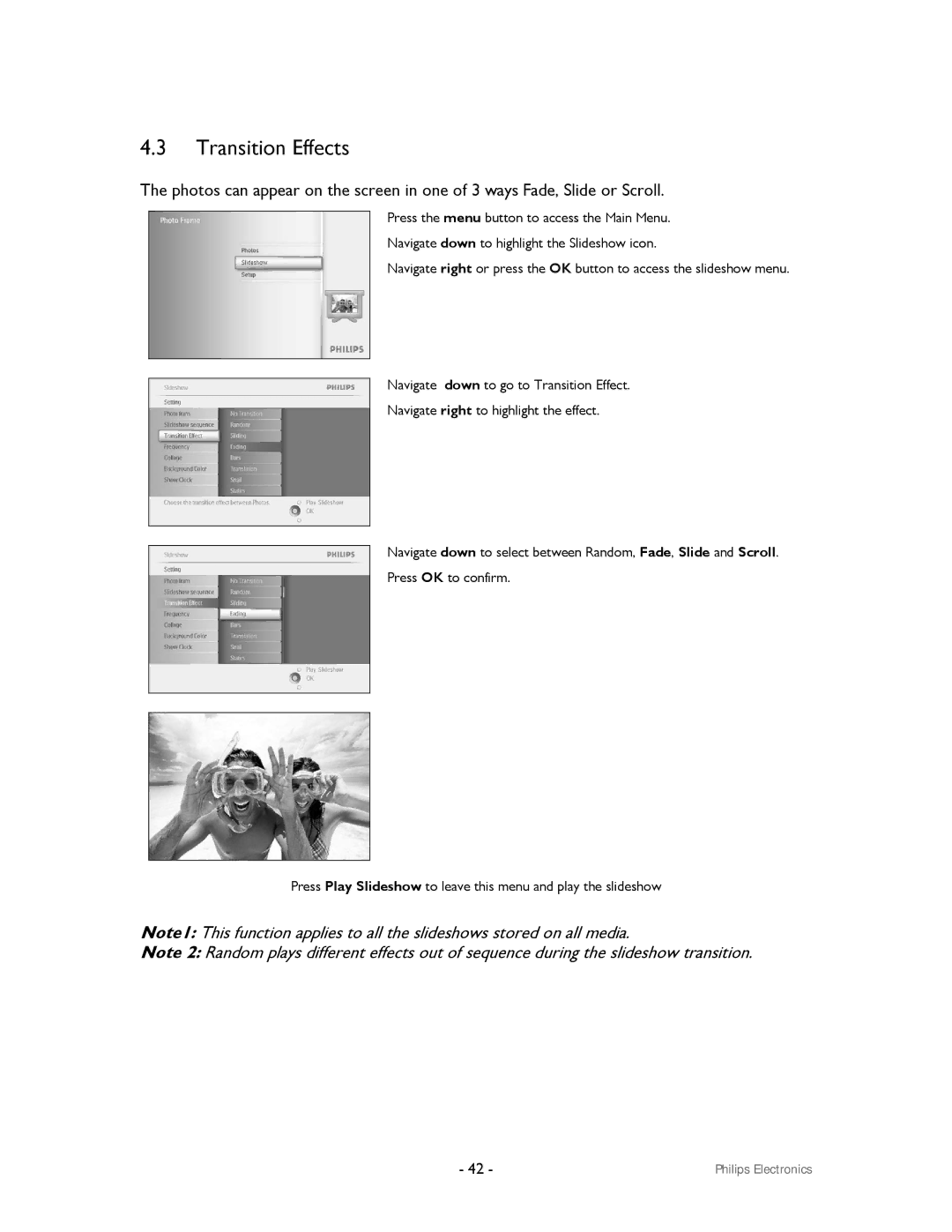 Philips 99F2 user manual Transition Effects 