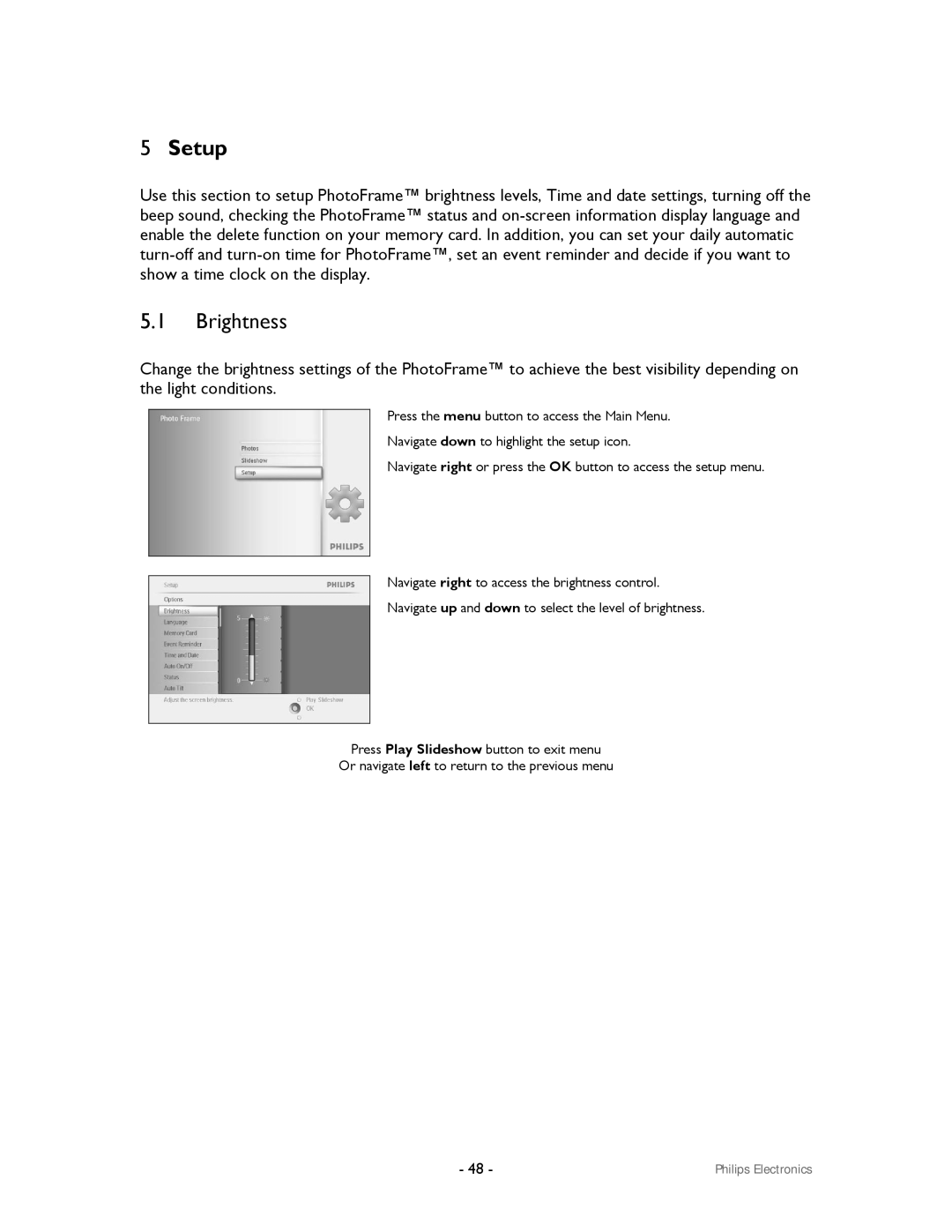 Philips 99F2 user manual Setup, Brightness 