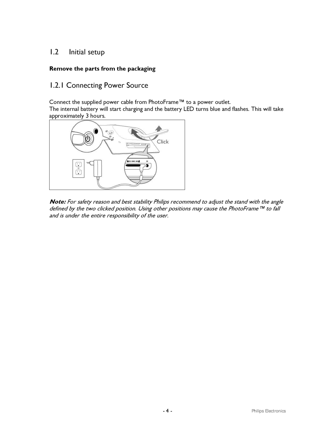 Philips 99F2 user manual Initial setup, Connecting Power Source, Remove the parts from the packaging 