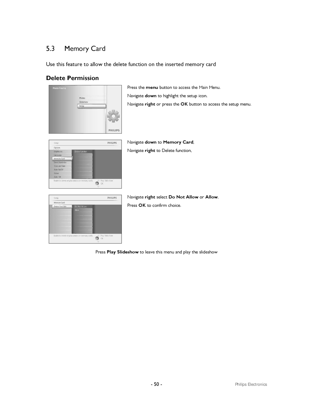 Philips 99F2 user manual Memory Card, Delete Permission 