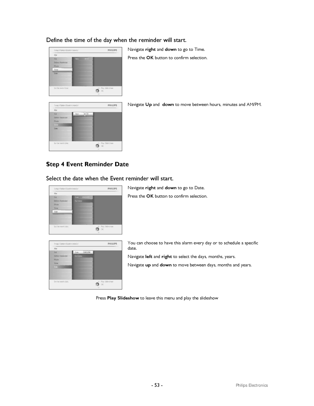 Philips 99F2 user manual Event Reminder Date 