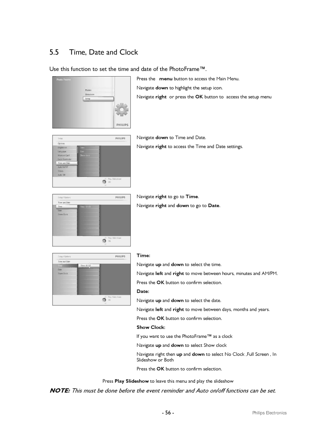 Philips 99F2 user manual Time, Date and Clock 