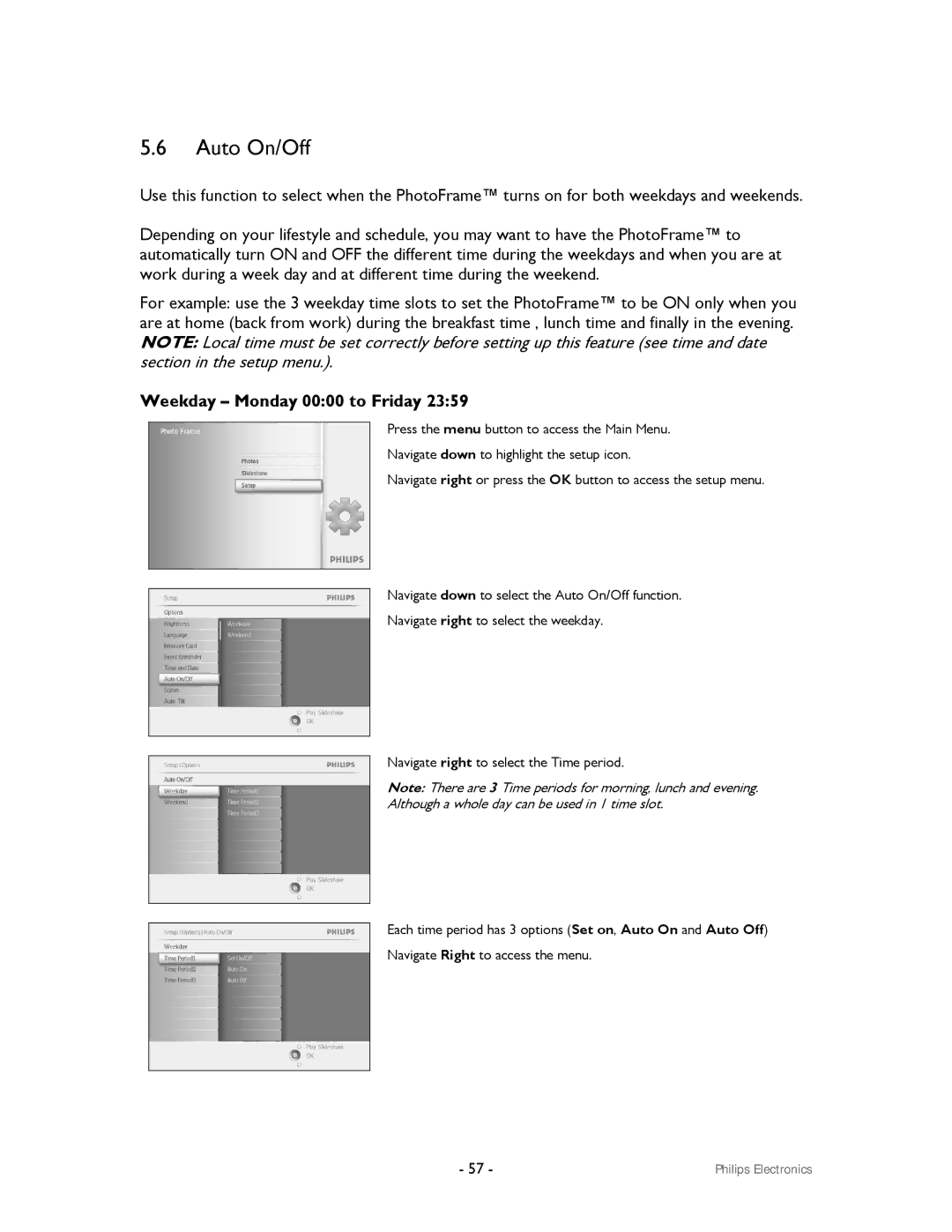 Philips 99F2 user manual Auto On/Off, Weekday Monday 0000 to Friday 