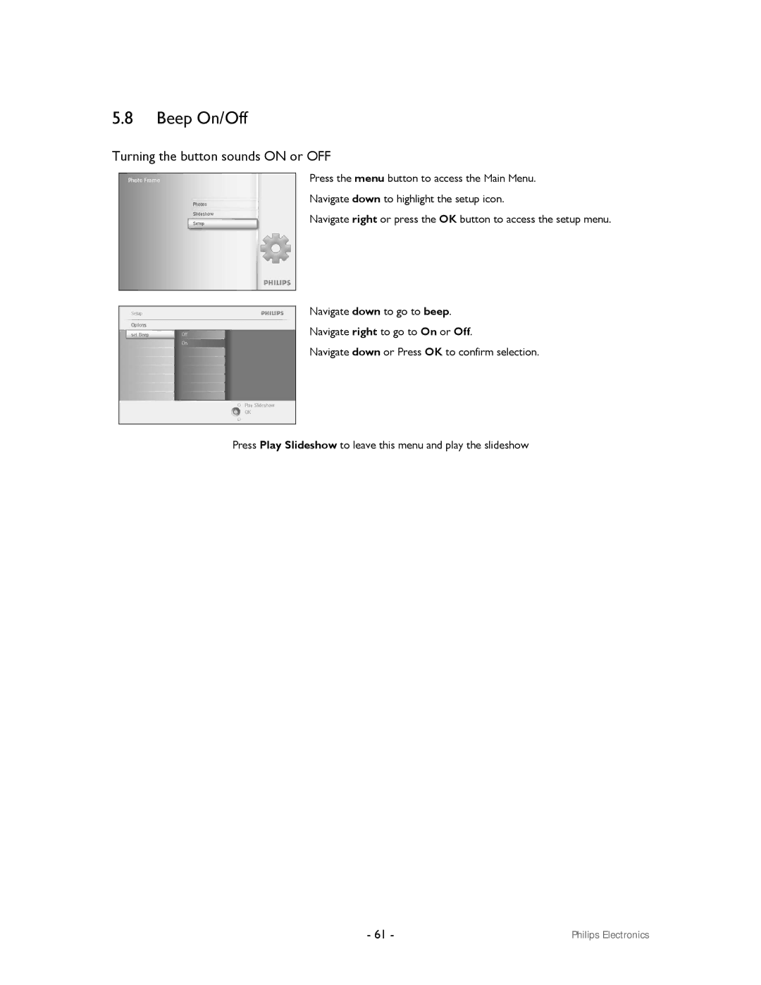 Philips 99F2 user manual Beep On/Off, Turning the button sounds on or OFF 