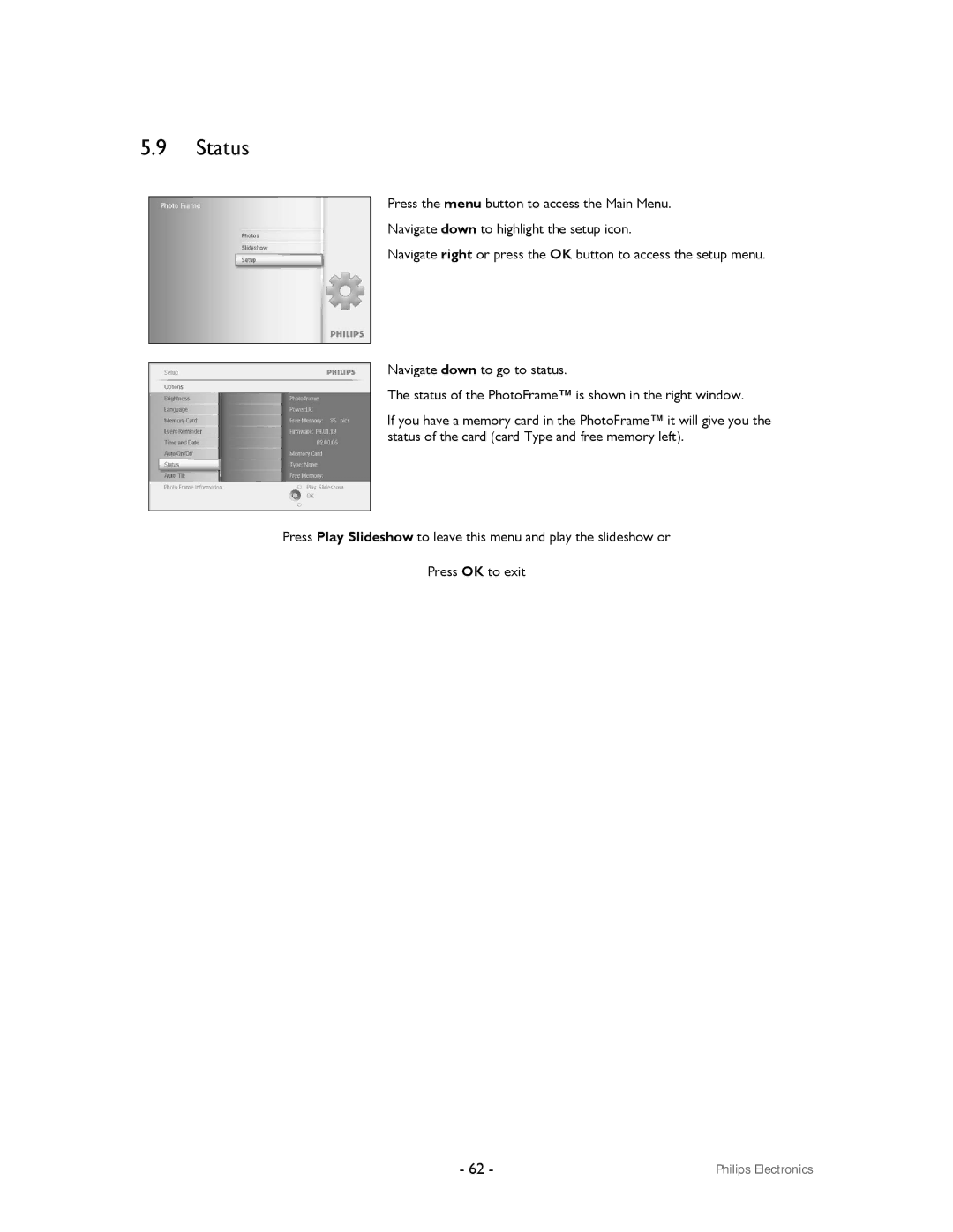 Philips 99F2 user manual Status 