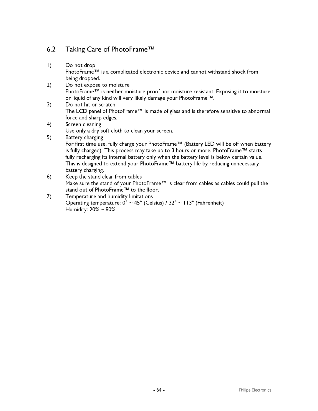 Philips 99F2 user manual Taking Care of PhotoFrame 