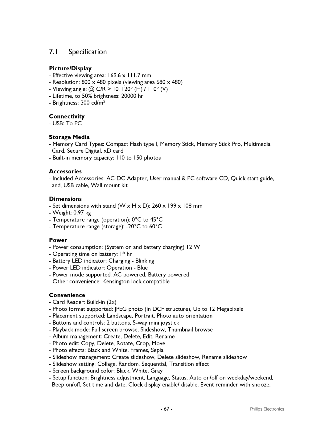 Philips 99F2 user manual Specification 