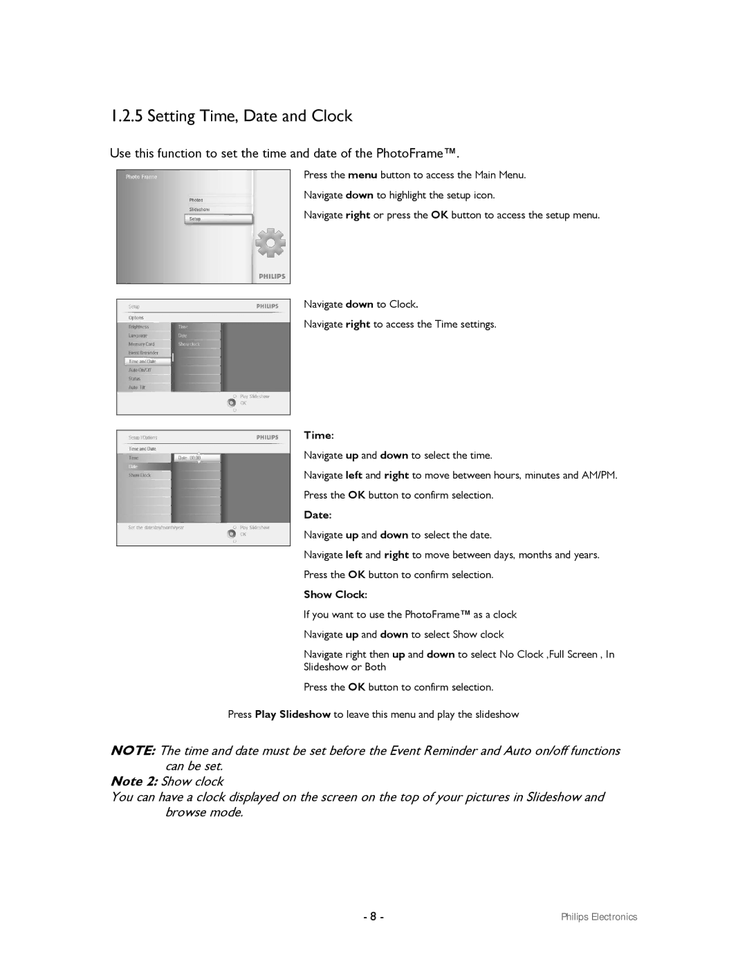 Philips 99F2 user manual Setting Time, Date and Clock 