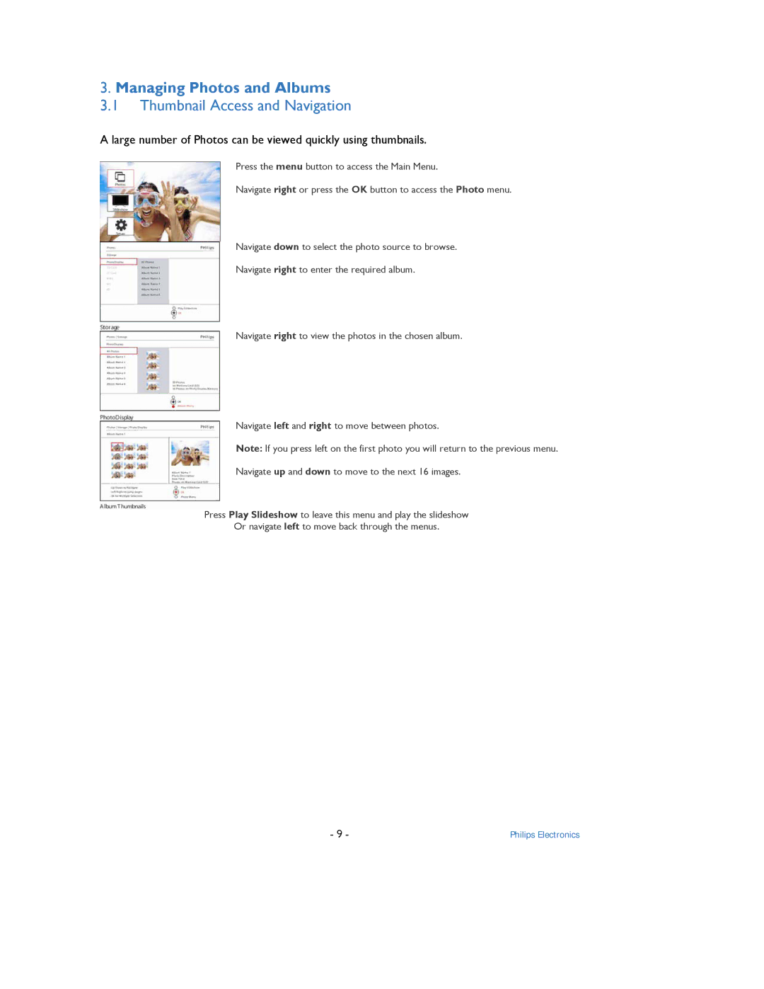 Philips 9FF2 user manual Managing Photos and Albums, Thumbnail Access and Navigation 