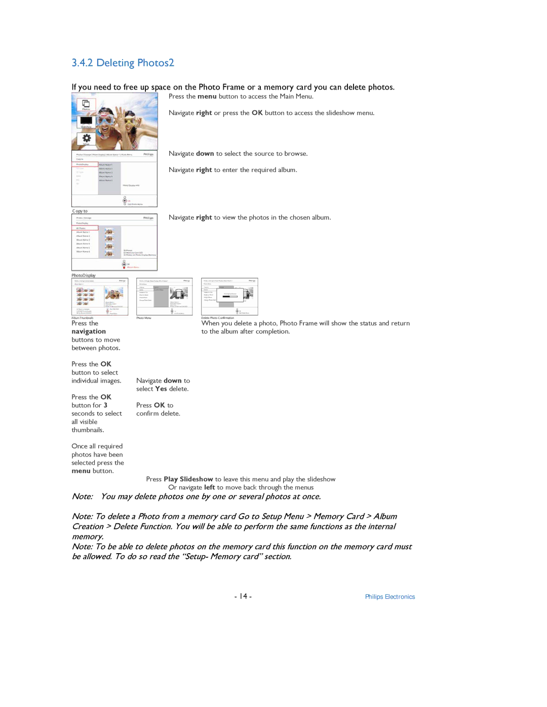 Philips 9FF2 user manual Deleting Photos2, Navigation 