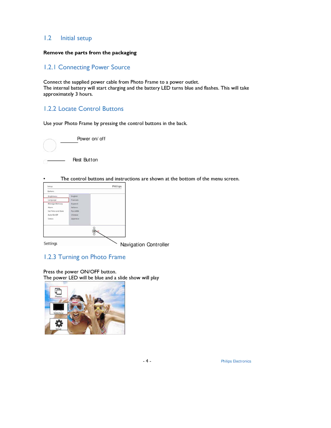 Philips 9FF2 user manual Initial setup, Connecting Power Source, Locate Control Buttons, Turning on Photo Frame 