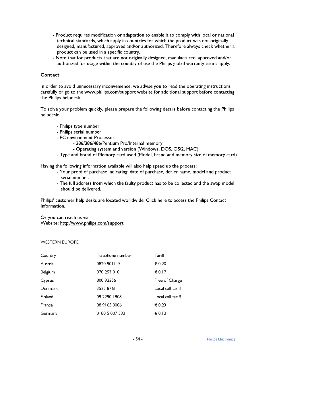 Philips 9FF2 user manual Contact, Western Europe 