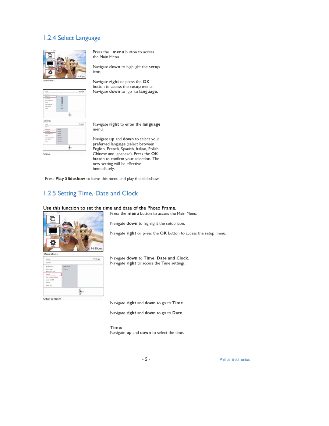 Philips 9FF2 user manual Select Language, Setting Time, Date and Clock, Navigate down to Time, Date and Clock 