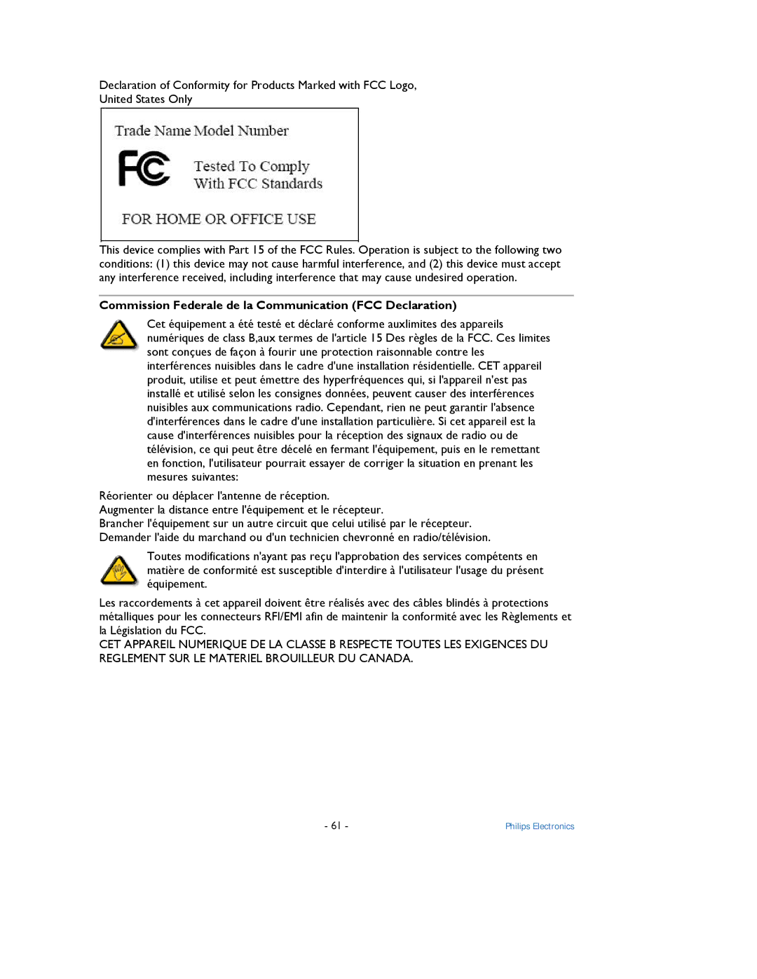 Philips 9FF2 user manual Commission Federale de la Communication FCC Declaration 