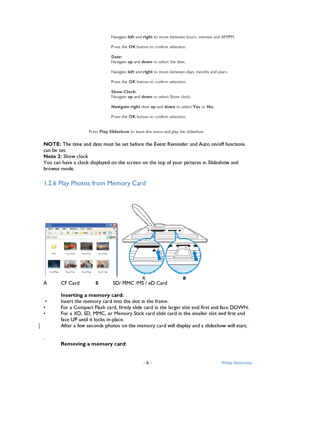 Philips 9FF2 user manual Play Photos from Memory Card, Inserting a memory card, Removing a memory card 