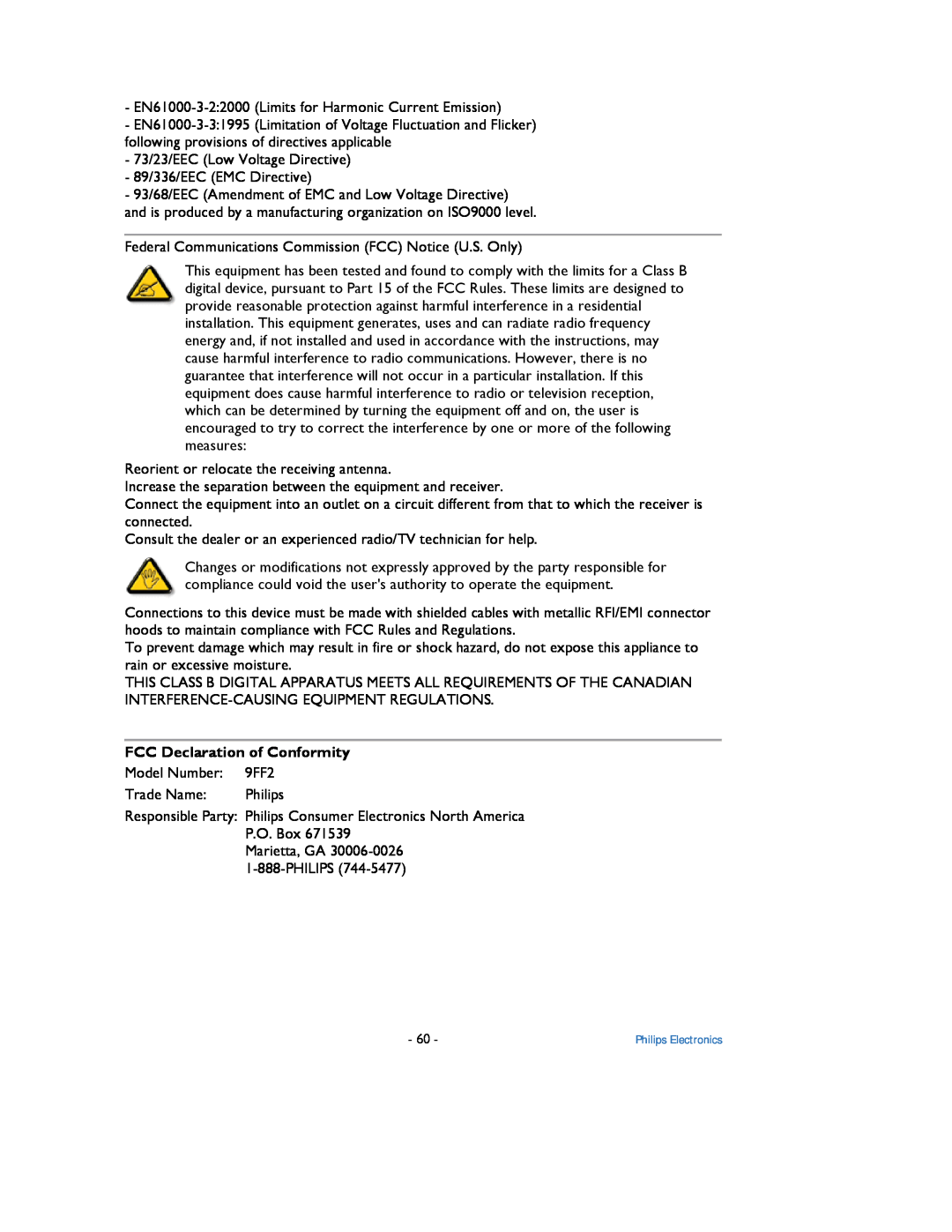 Philips 9FF2 user manual FCC Declaration of Conformity 