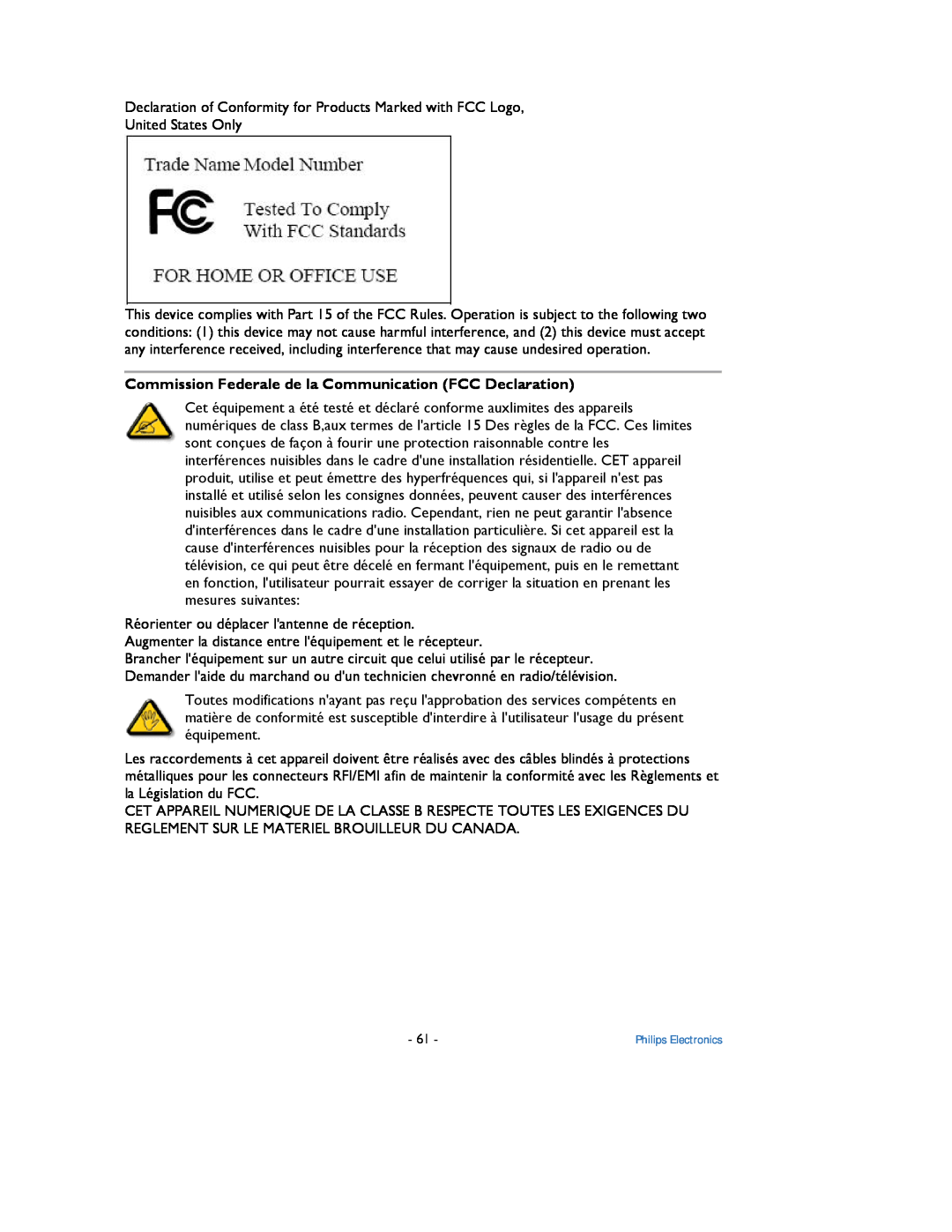 Philips 9FF2 user manual Commission Federale de la Communication FCC Declaration 