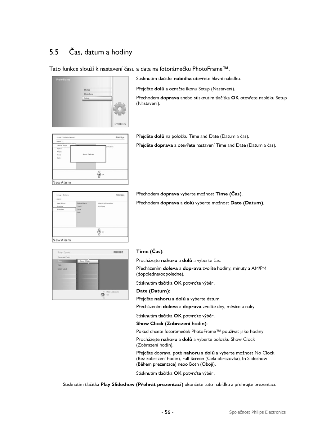 Philips 9FF2CME, 9FF2CMI, 9FF2M4, 9FF2CWO user manual Čas, datum a hodiny 