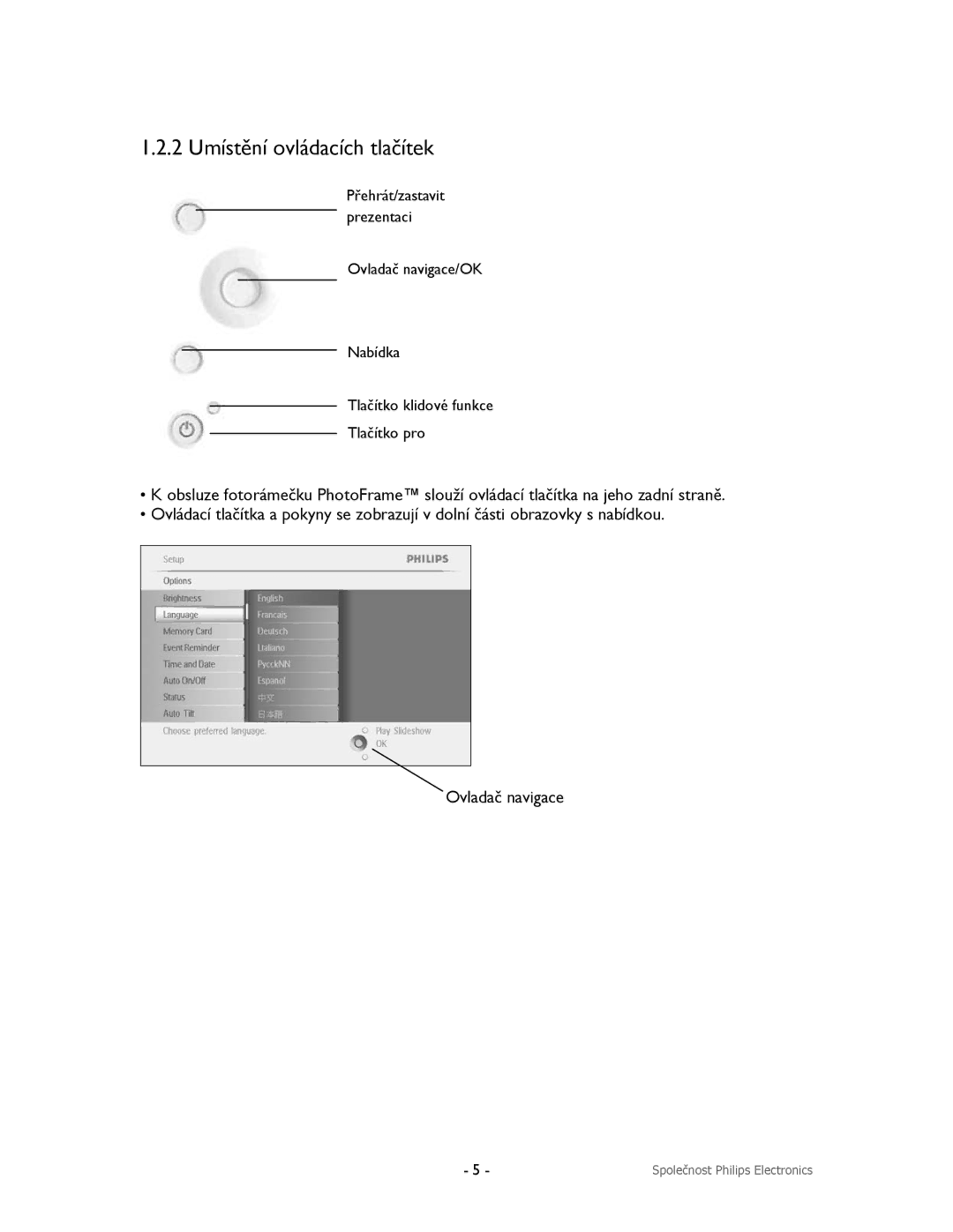 Philips 9FF2M4, 9FF2CMI, 9FF2CME, 9FF2CWO user manual 2 Umístění ovládacích tlačítek 