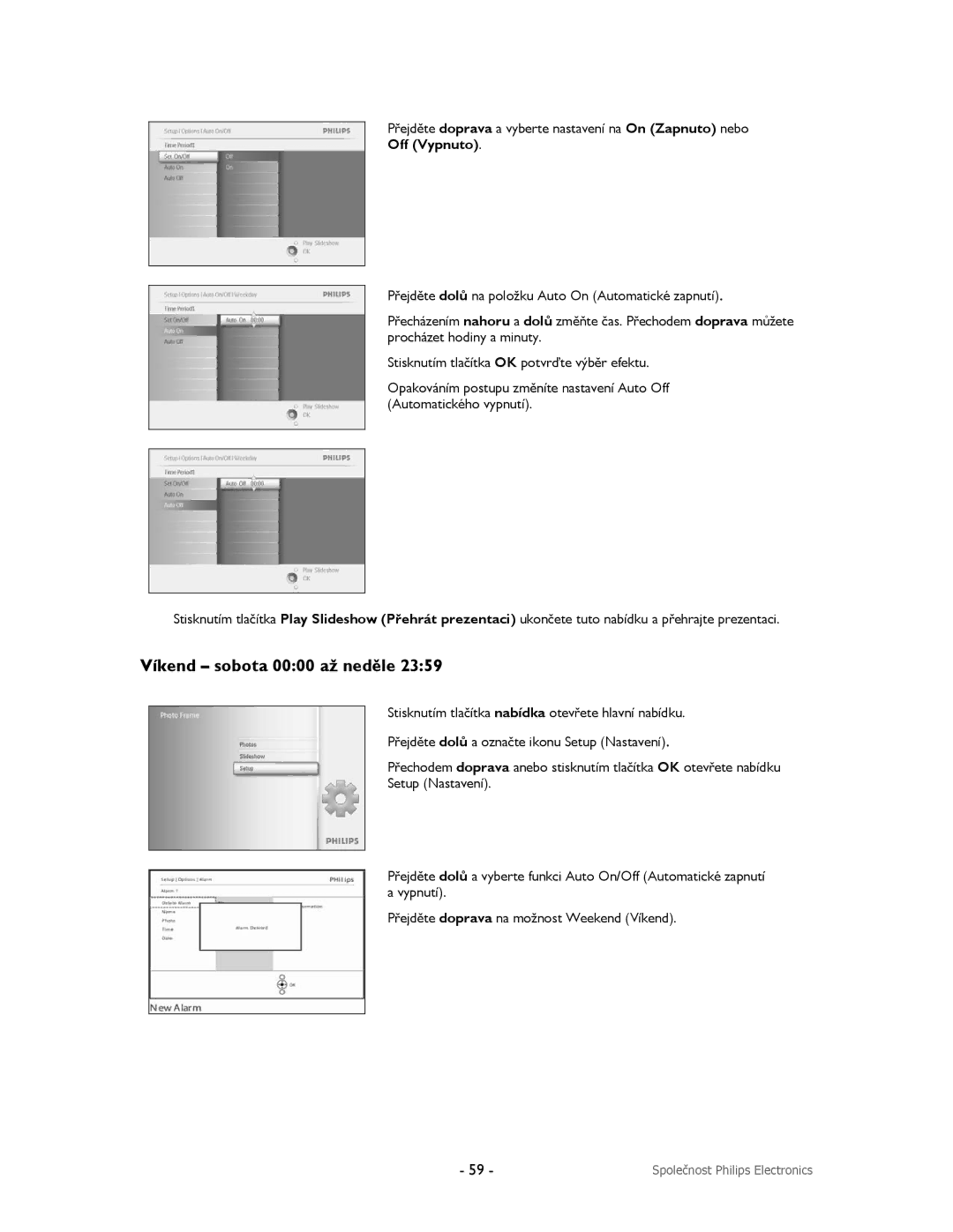 Philips 9FF2CMI, 9FF2CME, 9FF2M4, 9FF2CWO user manual Víkend sobota 0000 až neděle, Off Vypnuto 