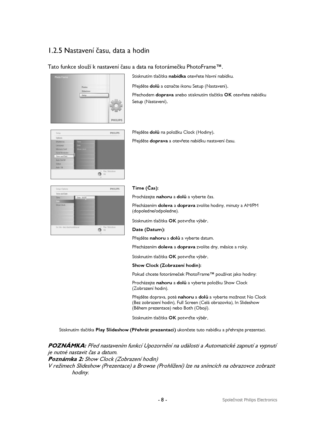 Philips 9FF2CME, 9FF2CMI, 9FF2M4, 9FF2CWO user manual Nastavení času, data a hodin, Time Čas 