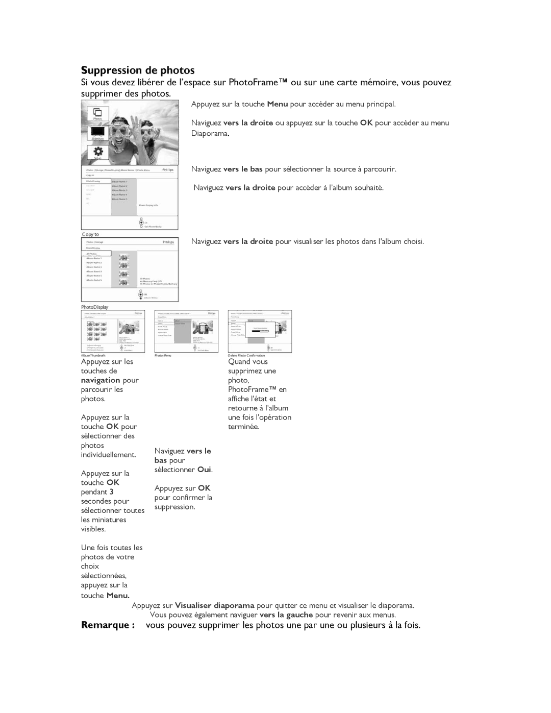 Philips 9FF2M4, 9FF2CMI, 9FF2CME, 9FF2CWO user manual Suppression de photos, Navigation pour 