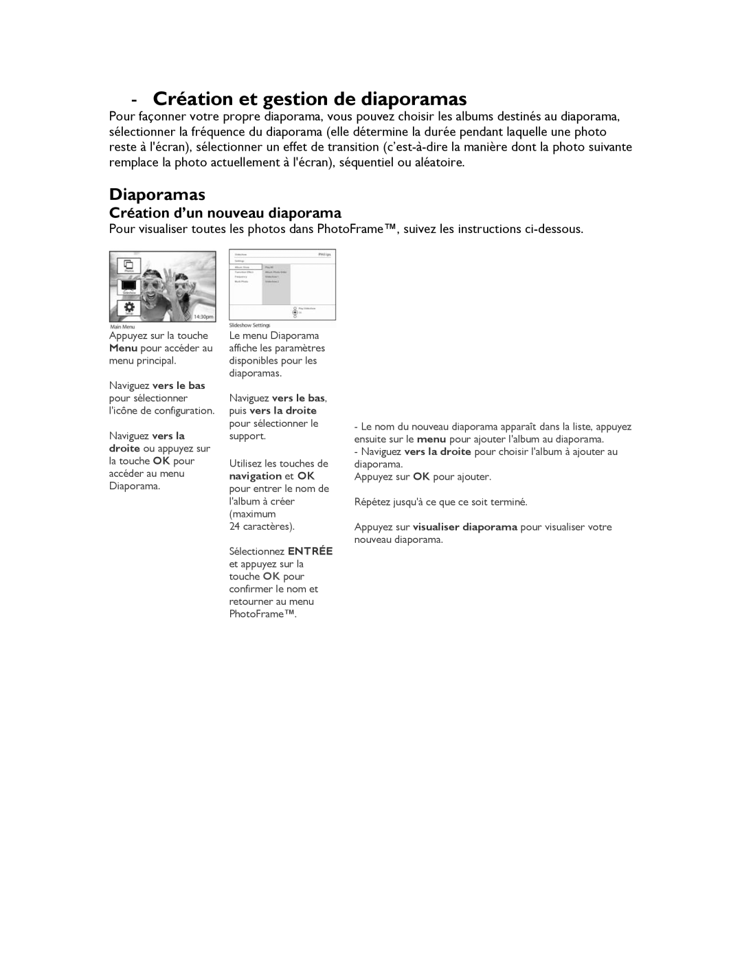 Philips 9FF2CME, 9FF2CMI, 9FF2M4, 9FF2CWO user manual Diaporamas, Création d’un nouveau diaporama 