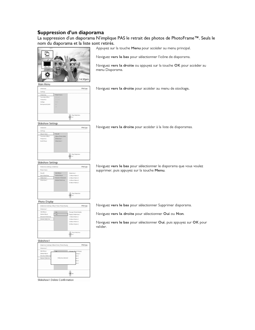 Philips 9FF2M4, 9FF2CMI, 9FF2CME, 9FF2CWO user manual Suppression d’un diaporama 