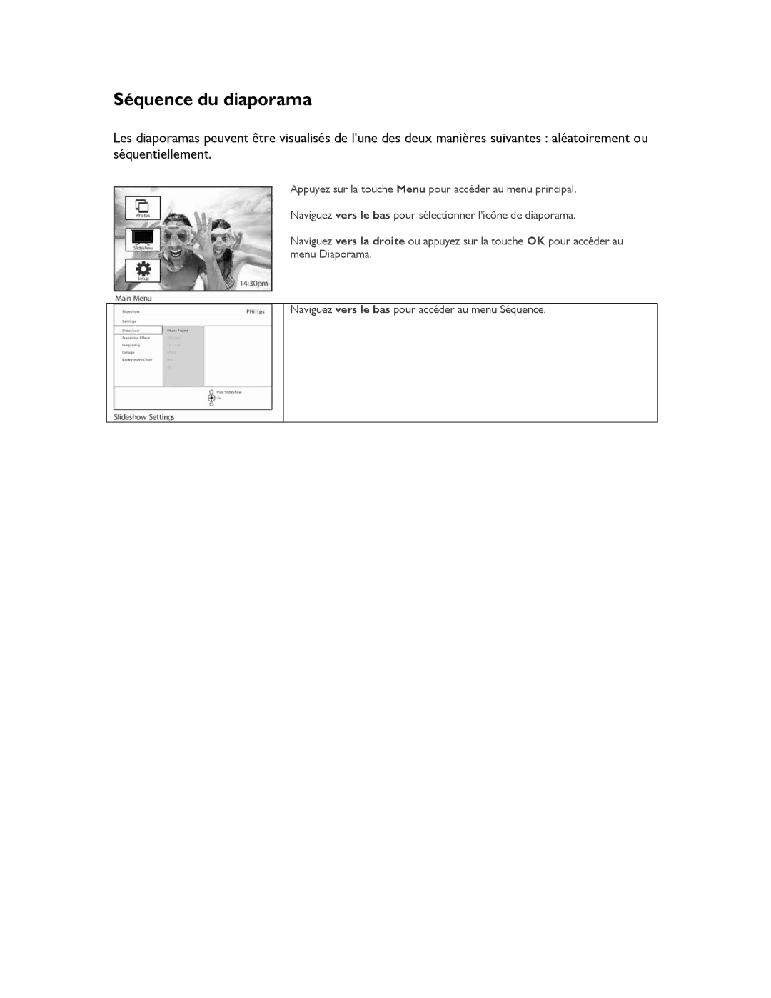 Philips 9FF2CWO, 9FF2CMI, 9FF2CME, 9FF2M4 user manual Séquence du diaporama 