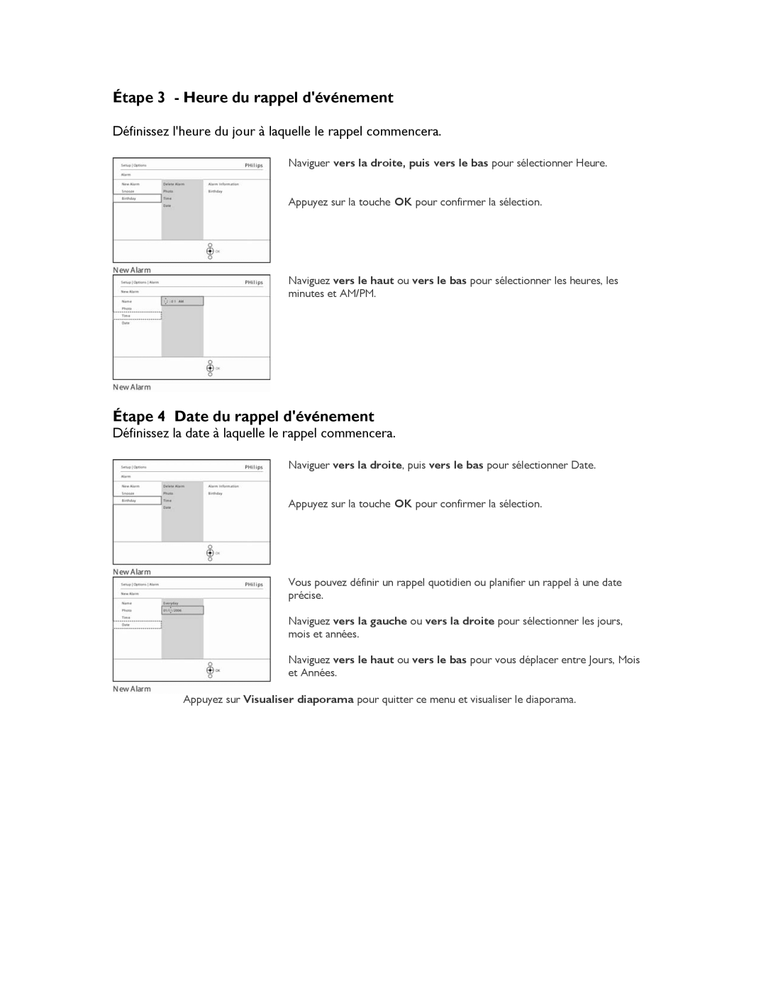 Philips 9FF2M4, 9FF2CMI, 9FF2CME, 9FF2CWO user manual Étape 3 Heure du rappel dévénement, Étape 4 Date du rappel dévénement 