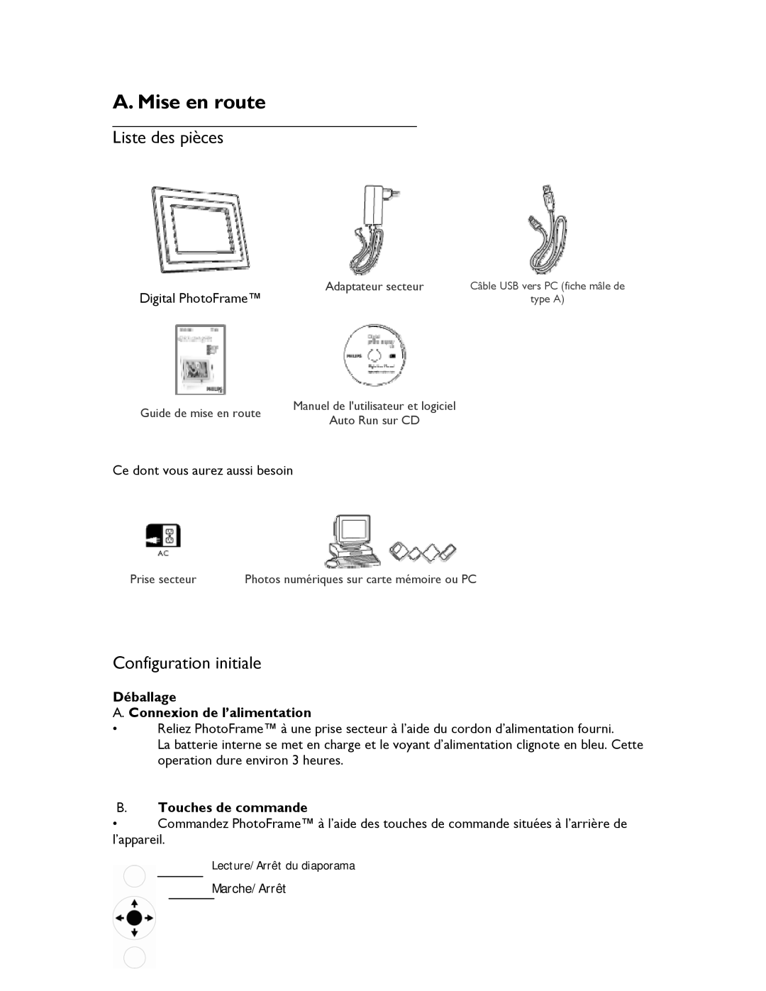 Philips 9FF2CME, 9FF2CMI, 9FF2M4, 9FF2CWO user manual Déballage Connexion de l’alimentation, Touches de commande 