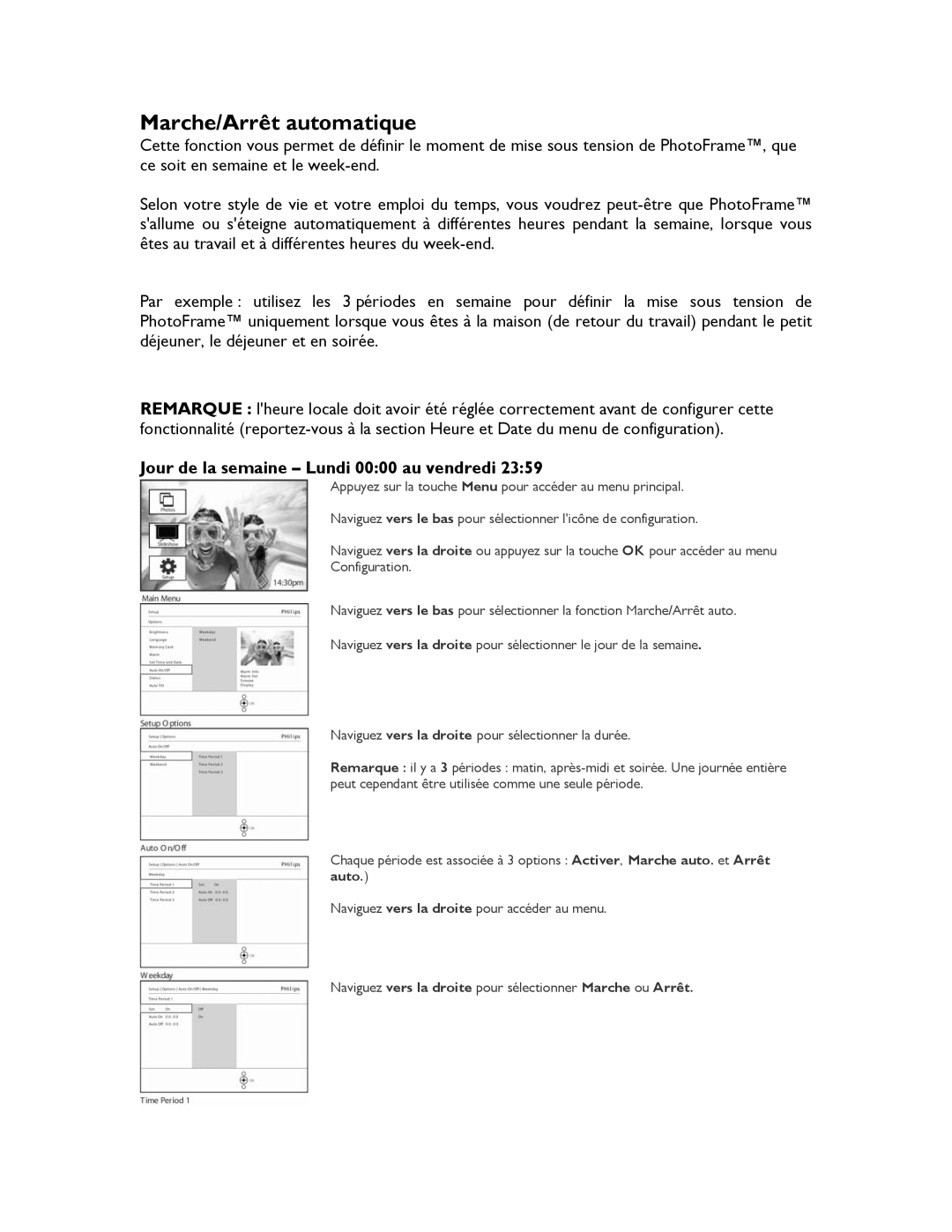 Philips 9FF2M4, 9FF2CMI, 9FF2CME, 9FF2CWO user manual Marche/Arrêt automatique, Jour de la semaine Lundi 0000 au vendredi 