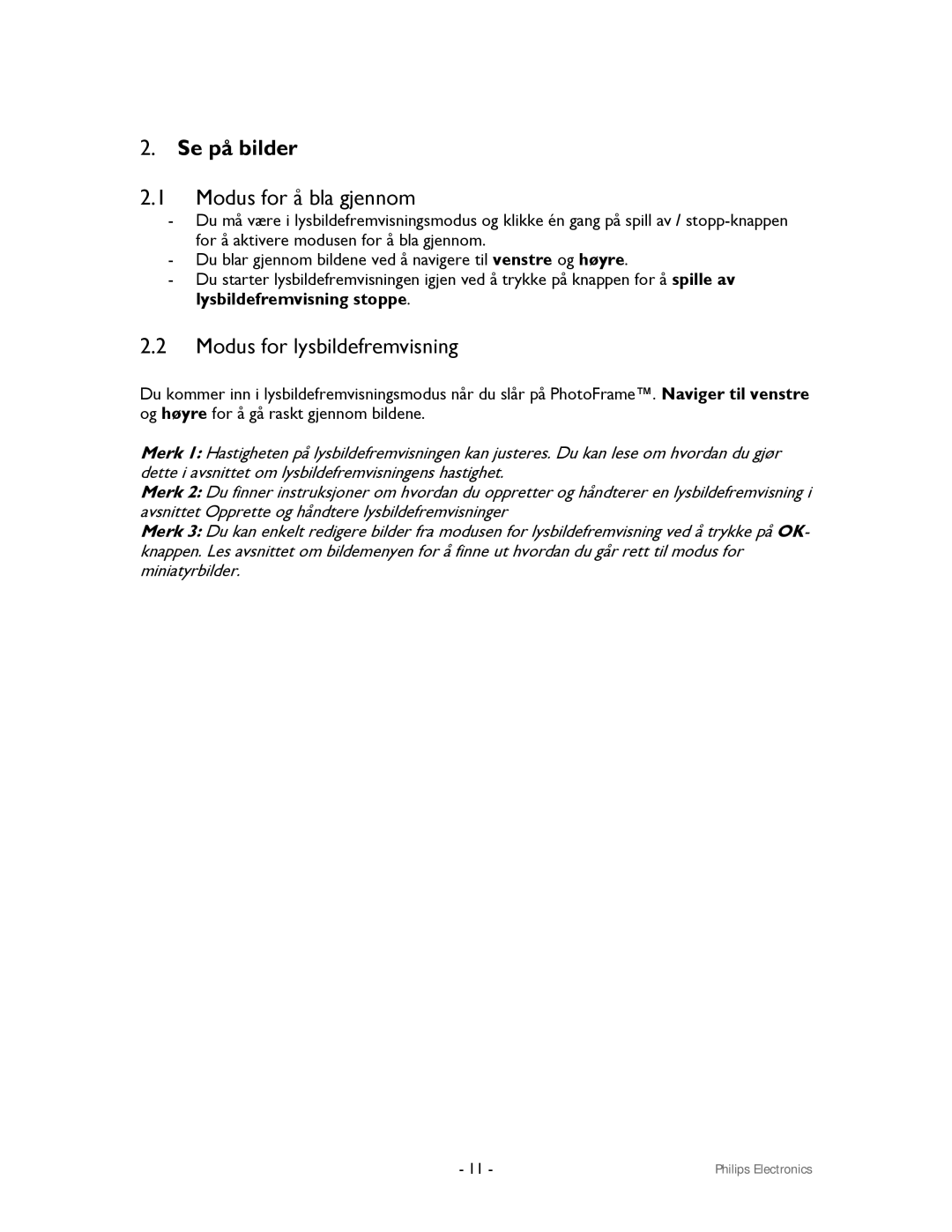 Philips 9FF2CMI, 9FF2CWO user manual Modus for å bla gjennom, Modus for lysbildefremvisning 