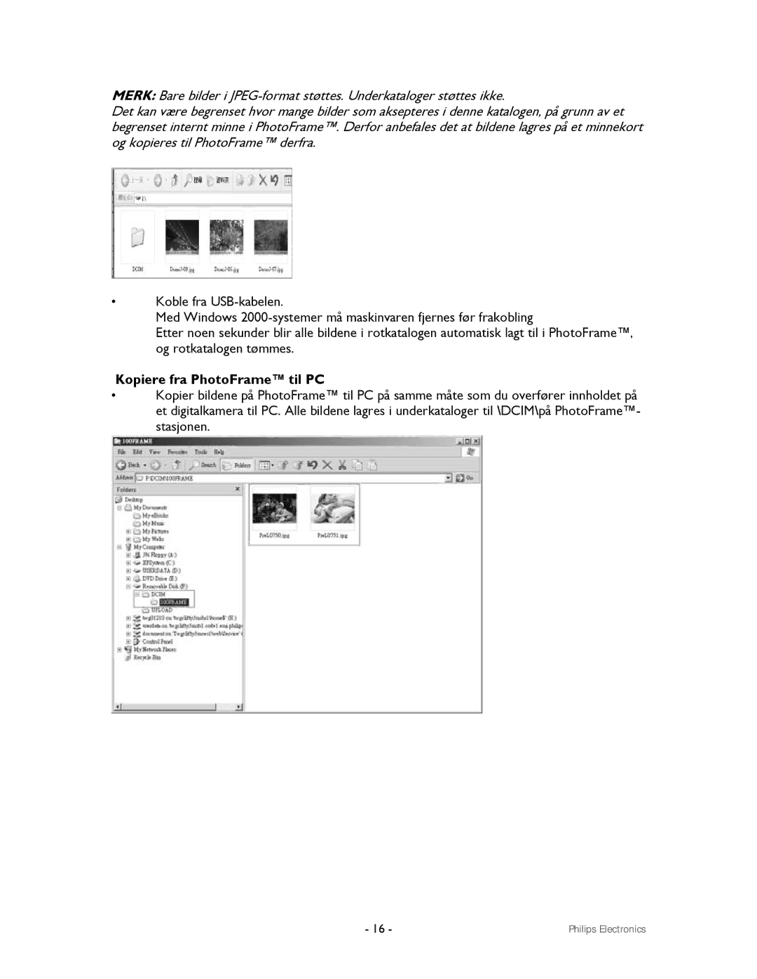 Philips 9FF2CWO, 9FF2CMI user manual Kopiere fra PhotoFrame til PC 