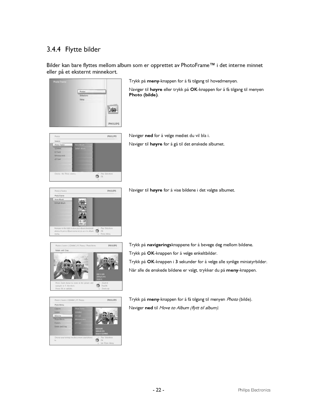 Philips 9FF2CWO, 9FF2CMI user manual Flytte bilder, Naviger ned til Move to Album flytt til album 