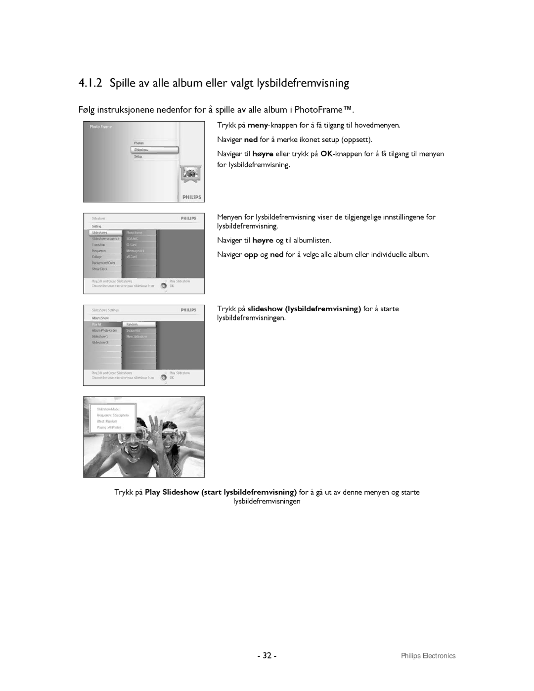 Philips 9FF2CWO, 9FF2CMI user manual Spille av alle album eller valgt lysbildefremvisning 