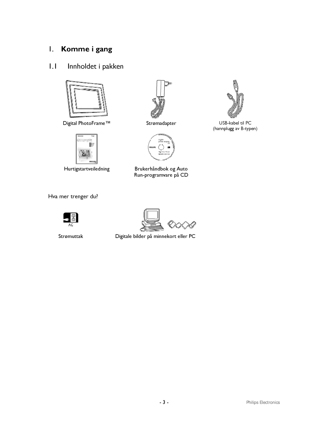 Philips 9FF2CMI, 9FF2CWO user manual Komme i gang, Innholdet i pakken 