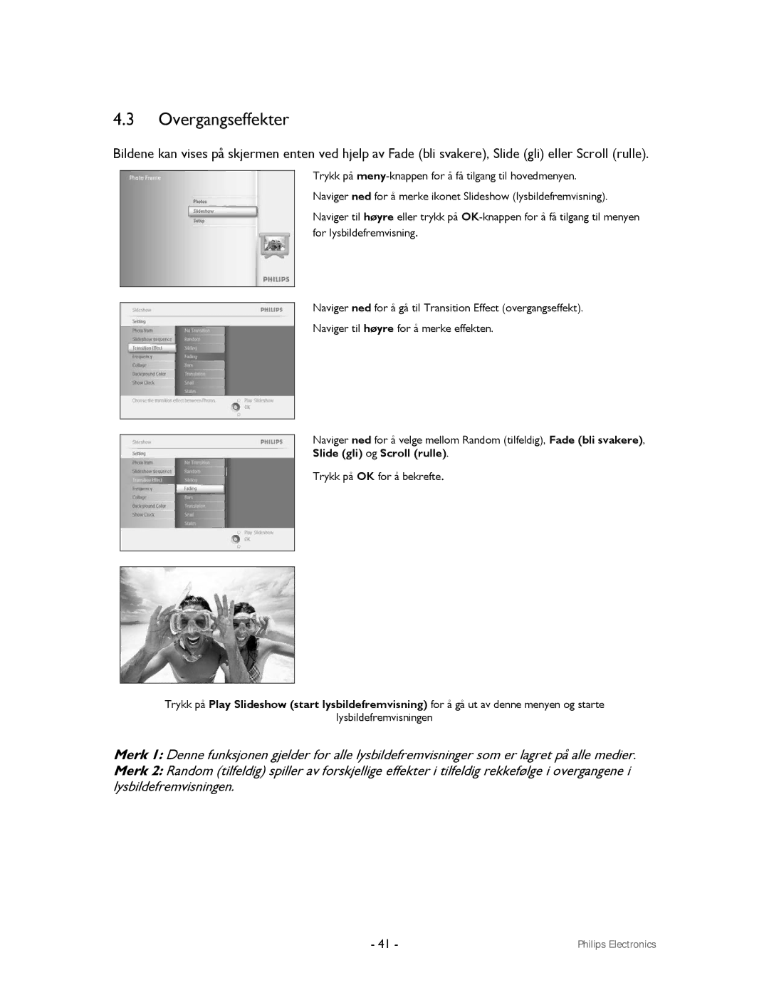 Philips 9FF2CMI, 9FF2CWO user manual Overgangseffekter, Slide gli og Scroll rulle 