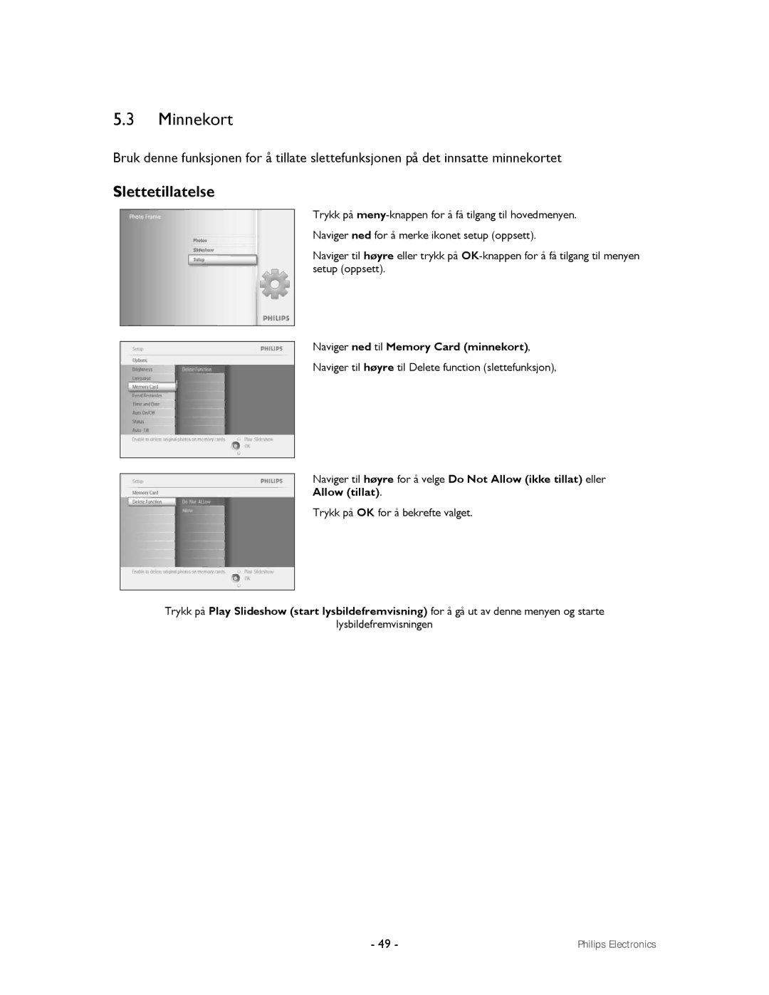 Philips 9FF2CMI, 9FF2CWO user manual Minnekort, Slettetillatelse 