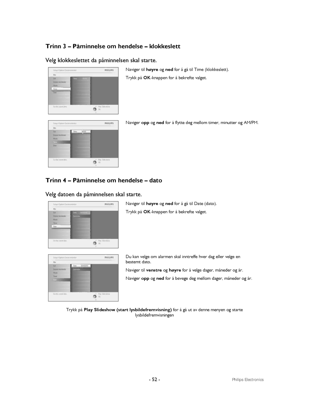 Philips 9FF2CWO, 9FF2CMI user manual Trinn 3 Påminnelse om hendelse klokkeslett 