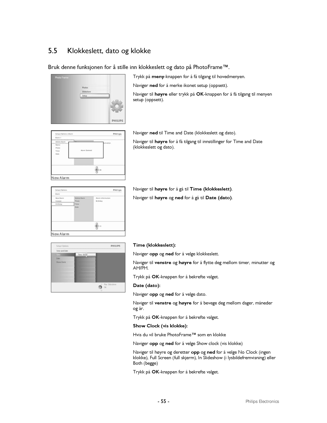 Philips 9FF2CMI, 9FF2CWO user manual Klokkeslett, dato og klokke 