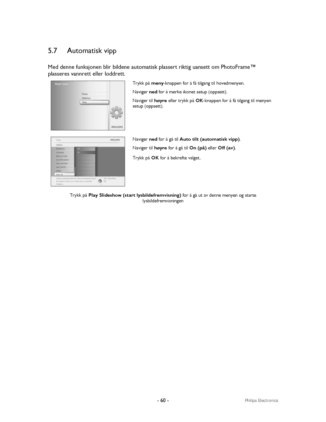 Philips 9FF2CWO, 9FF2CMI user manual Automatisk vipp, Naviger ned for å gå til Auto tilt automatisk vipp 