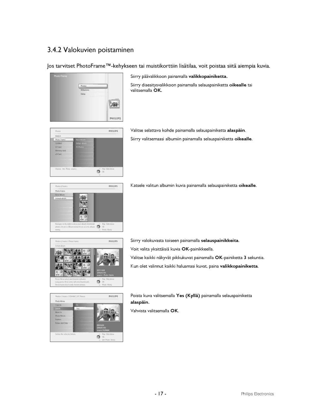 Philips 9FF2CMI, 9FF2CWO user manual Valokuvien poistaminen, Alaspäin 