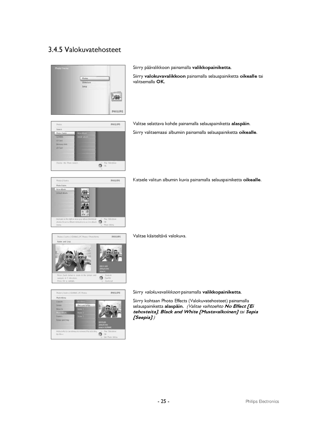 Philips 9FF2CMI, 9FF2CWO user manual Valokuvatehosteet 